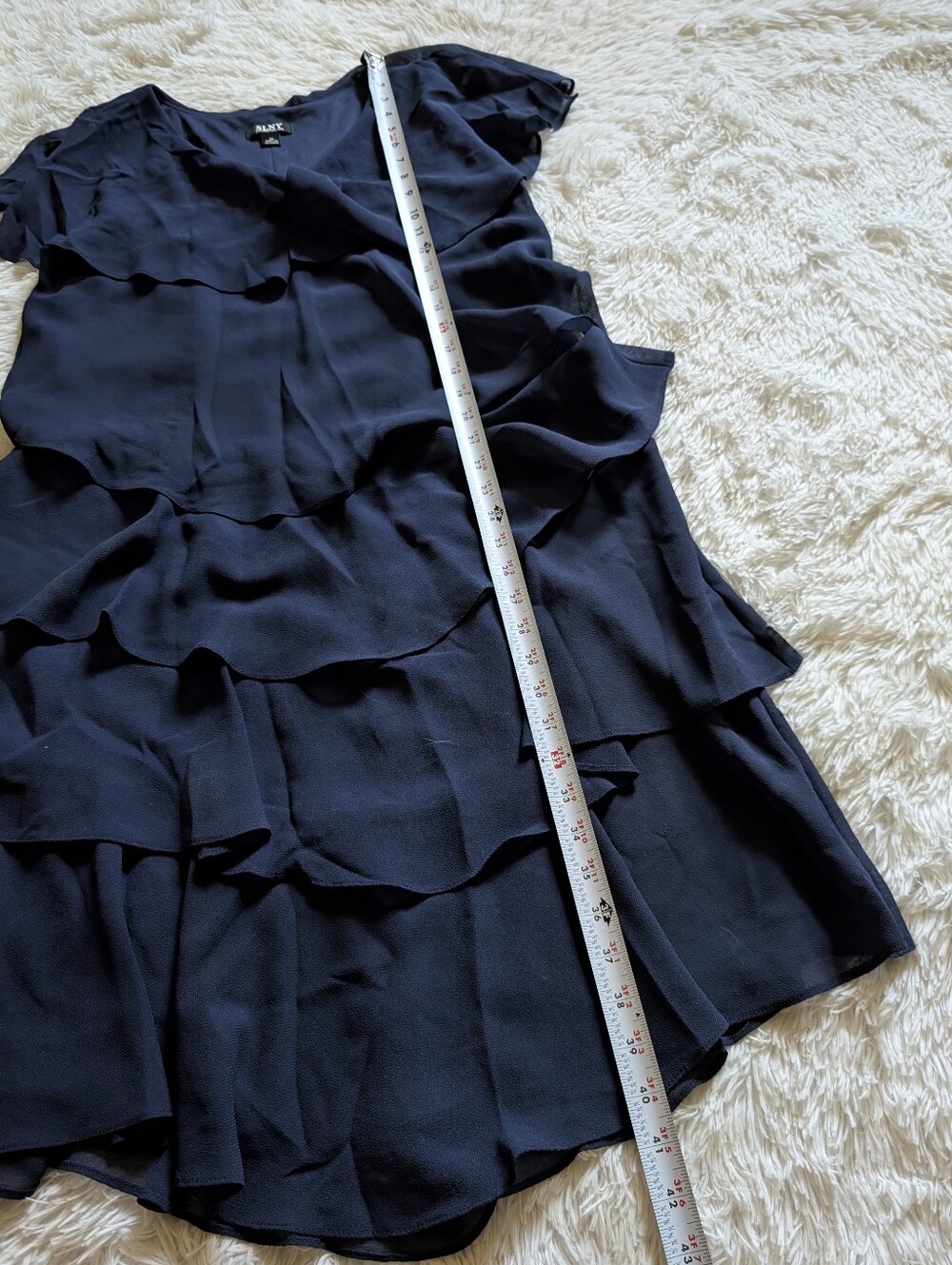 SLNY Navy Blue Tiered Capelet Rhinestone Detail Flowy Ruffle Dress Size 12 - Picture 14 of 14